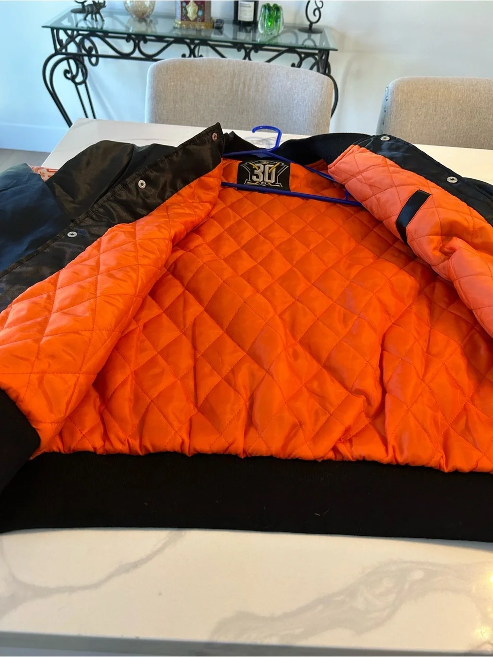 Men’s Black 30 Anniversary Anaheim Ducks Bomber Jacket with Orange. Sz Large